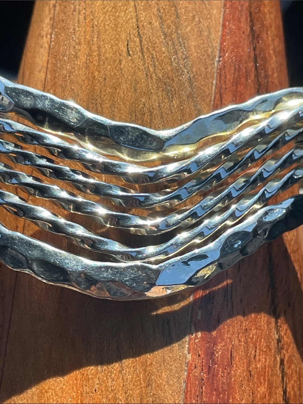 Sterling Silver Multi-Row Artisan Hammered Wave Cuff Bracelet - Silver